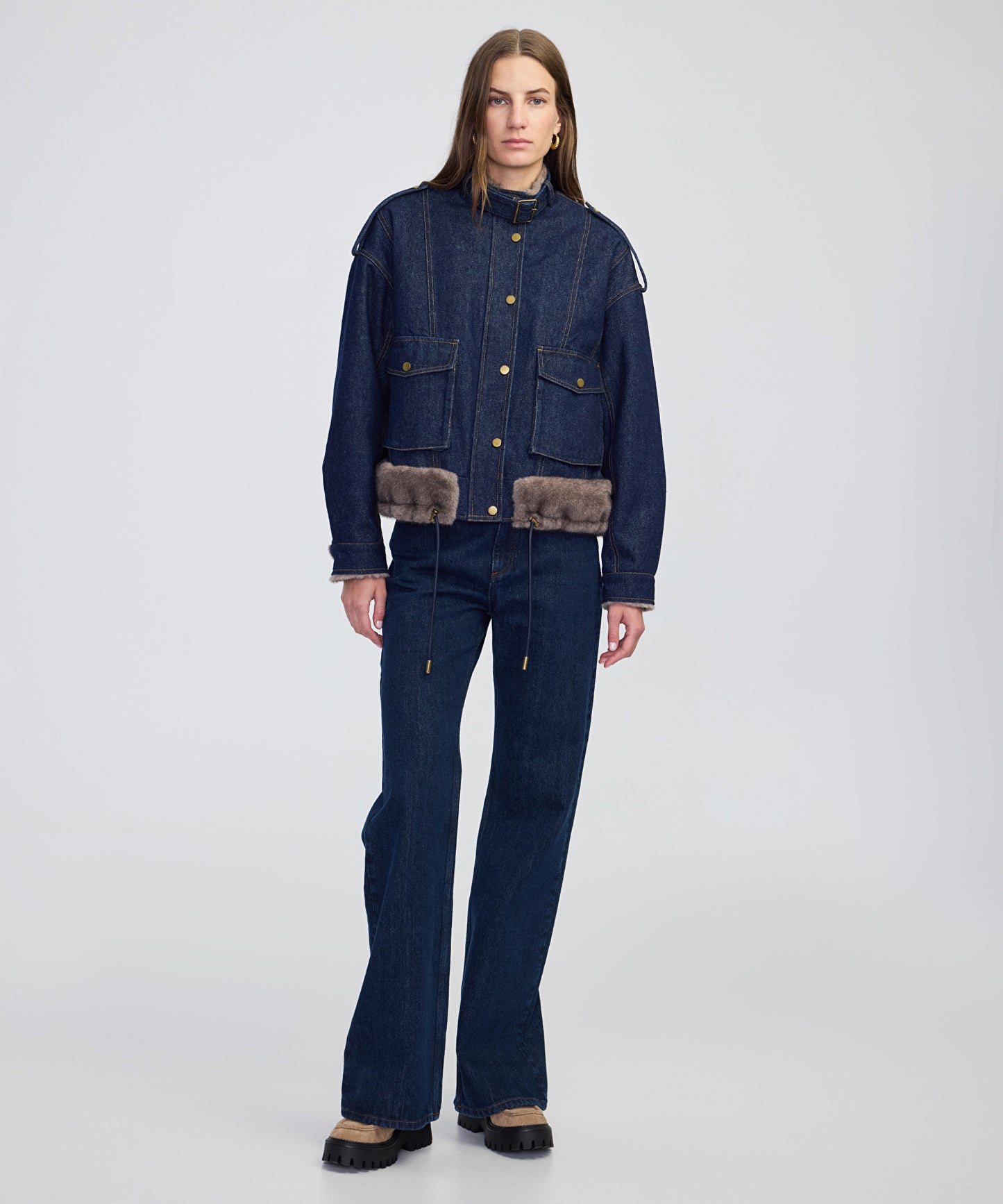Suni Kürk Mix Kemerli Denim Mont