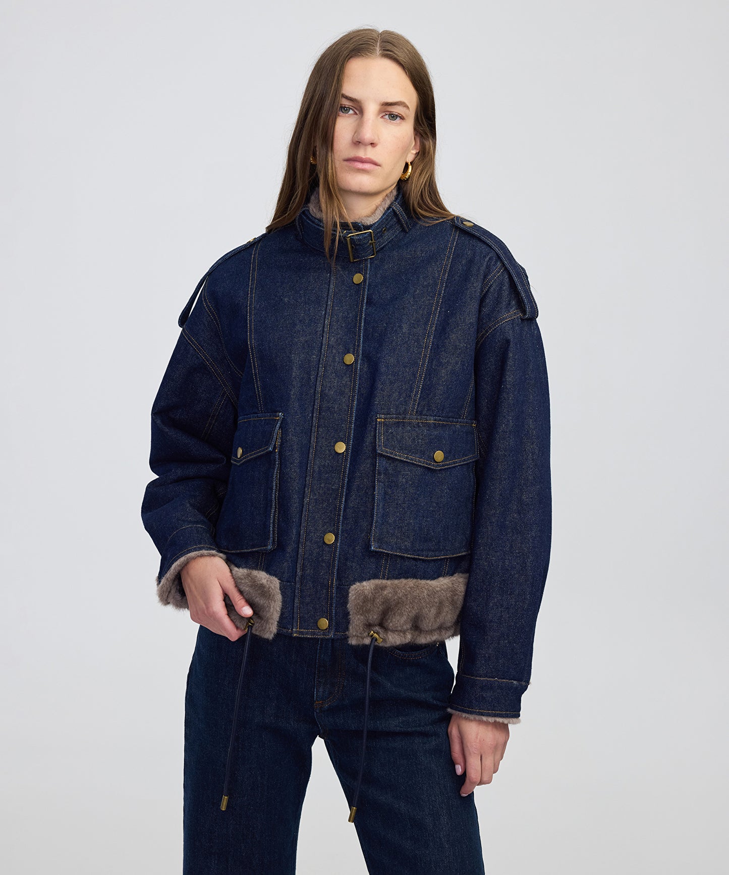 Suni Kürk Mix Kemerli Denim Mont