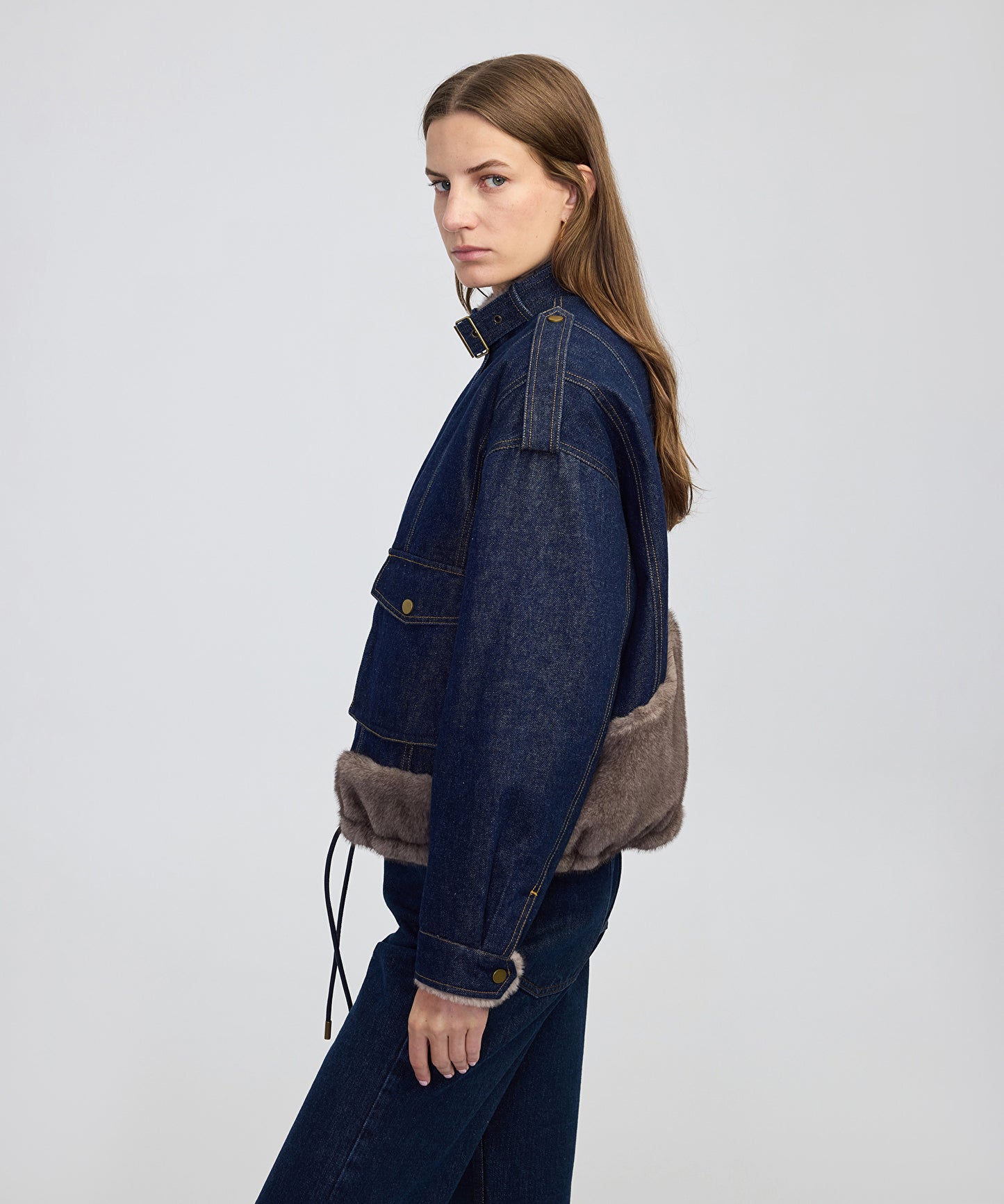 Suni Kürk Mix Kemerli Denim Mont