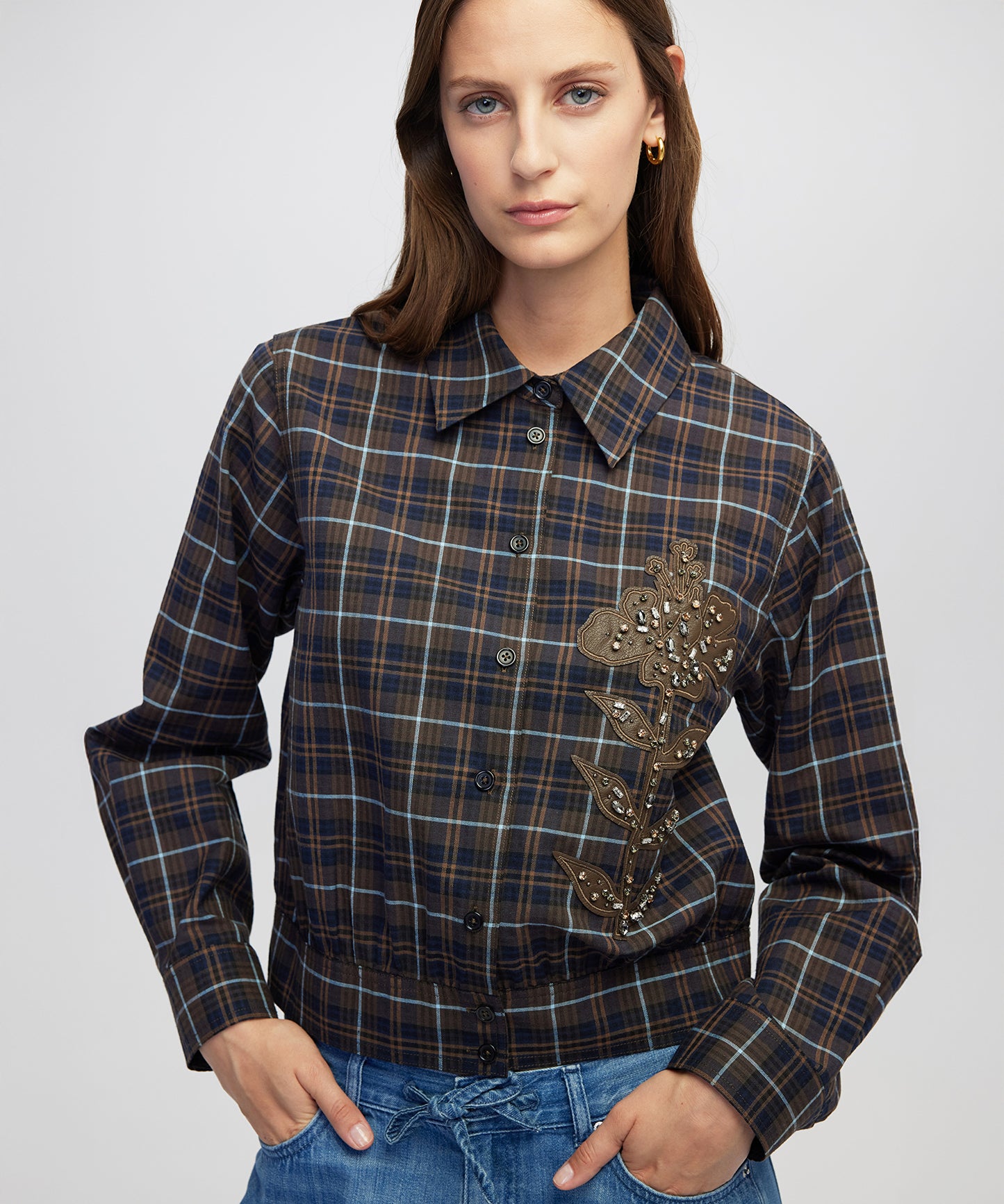 Deri Aplikeli Ekose Desen Gömlek