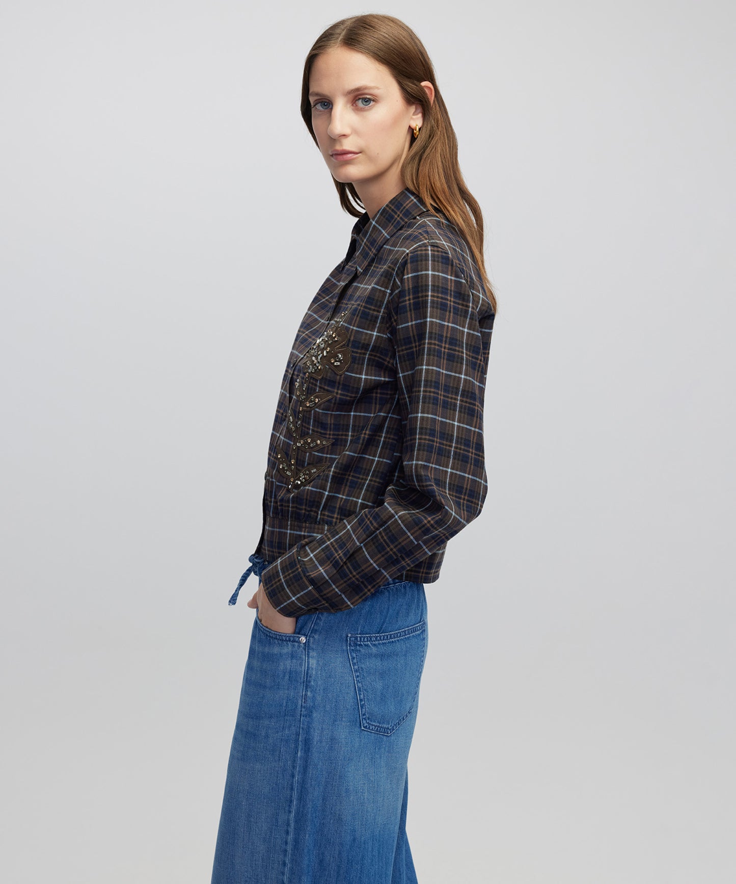 Deri Aplikeli Ekose Desen Gömlek