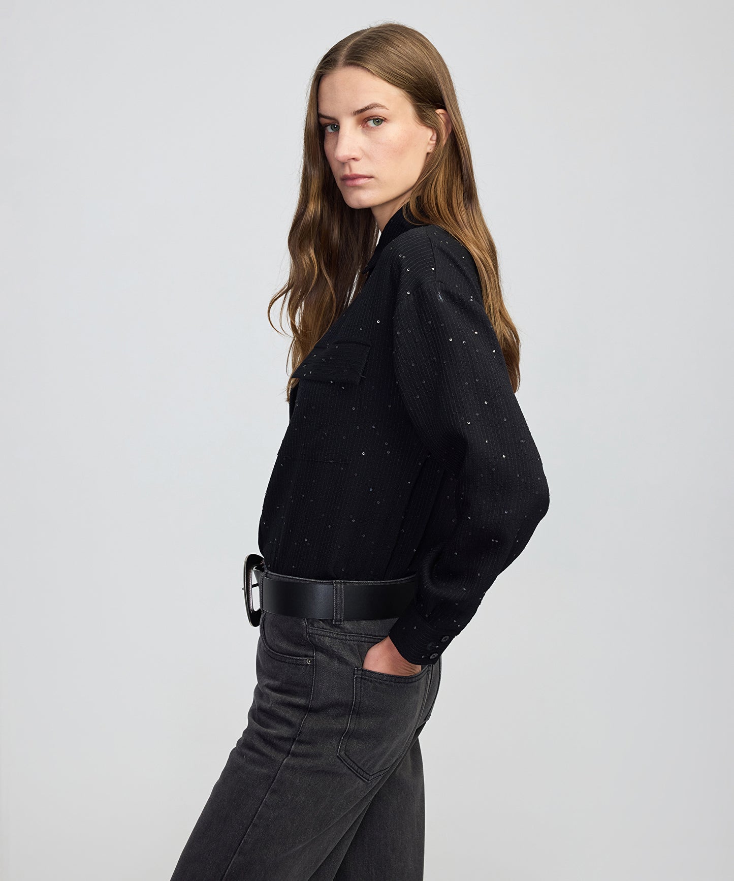 Payetli Çizgi Desen Gömlek