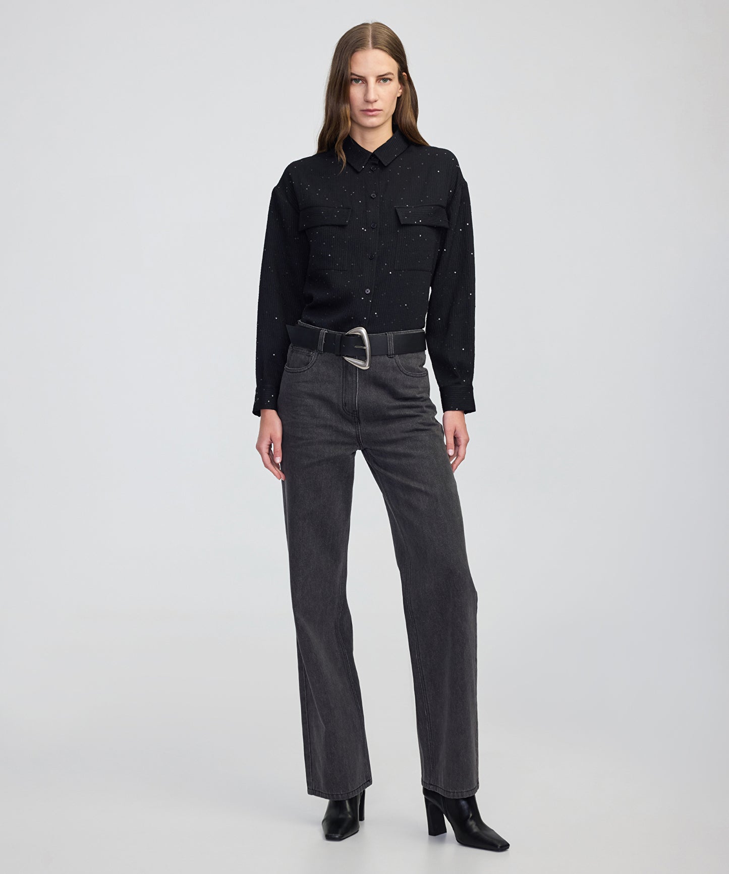 Payetli Çizgi Desen Gömlek