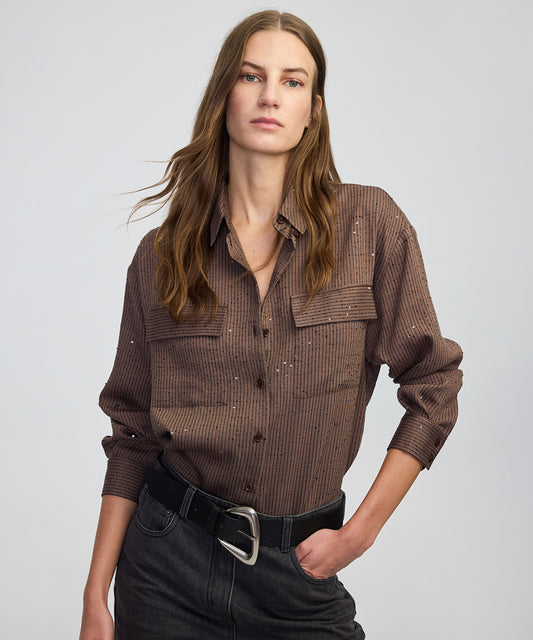 Payetli Çizgi Desen Gömlek