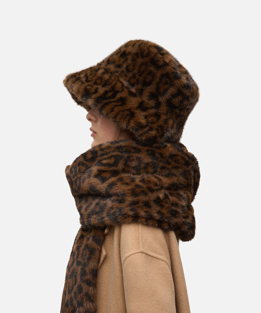 Leopar Desen Suni Kürklü Bucket Şapka