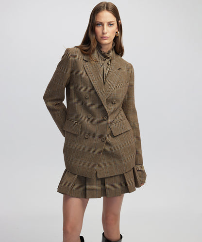 Broş Aksesuarlı Ekose Desen Blazer