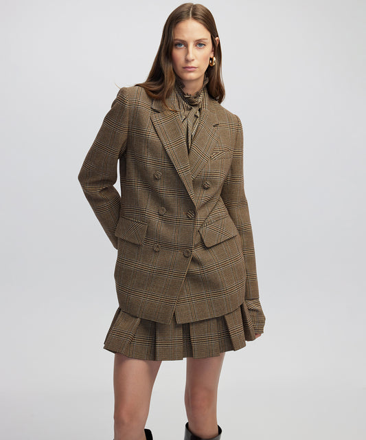 Broş Aksesuarlı Ekose Desen Blazer