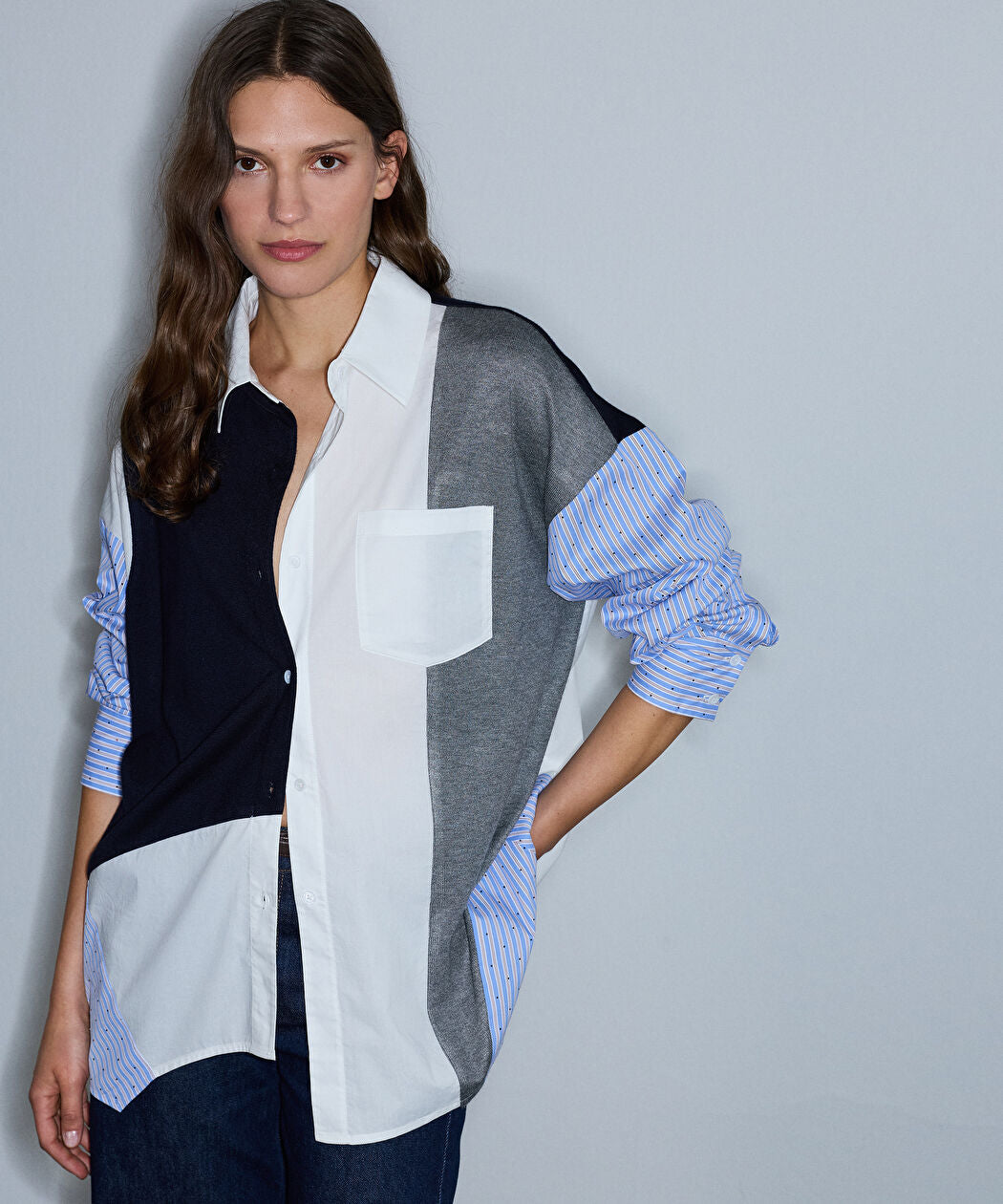 Lacivert Kumaş Mix Oversize Gömlek Iw6260025140015 | Ipekyol
