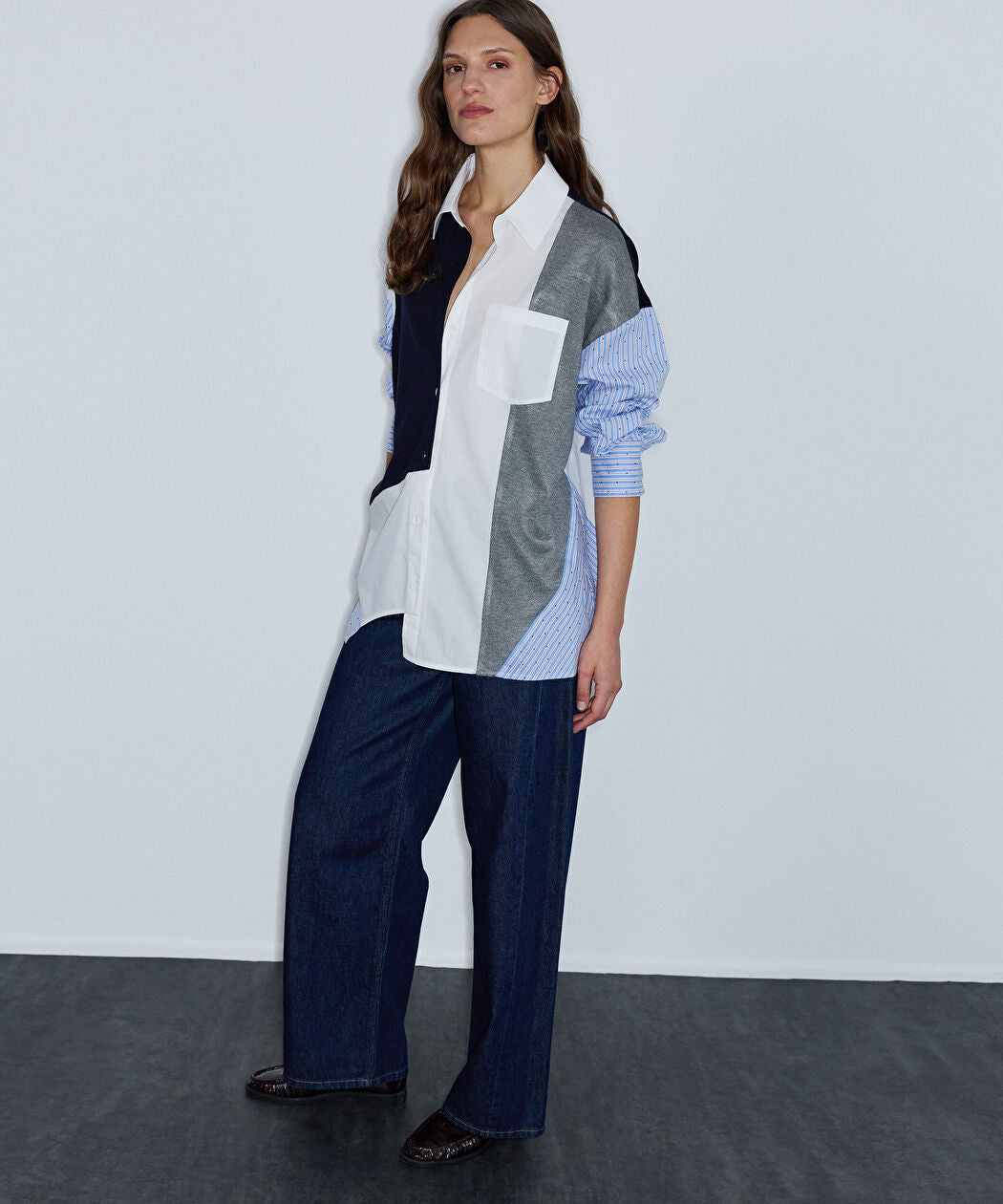 Lacivert Kumaş Mix Oversize Gömlek Iw6260025140015 | Ipekyol