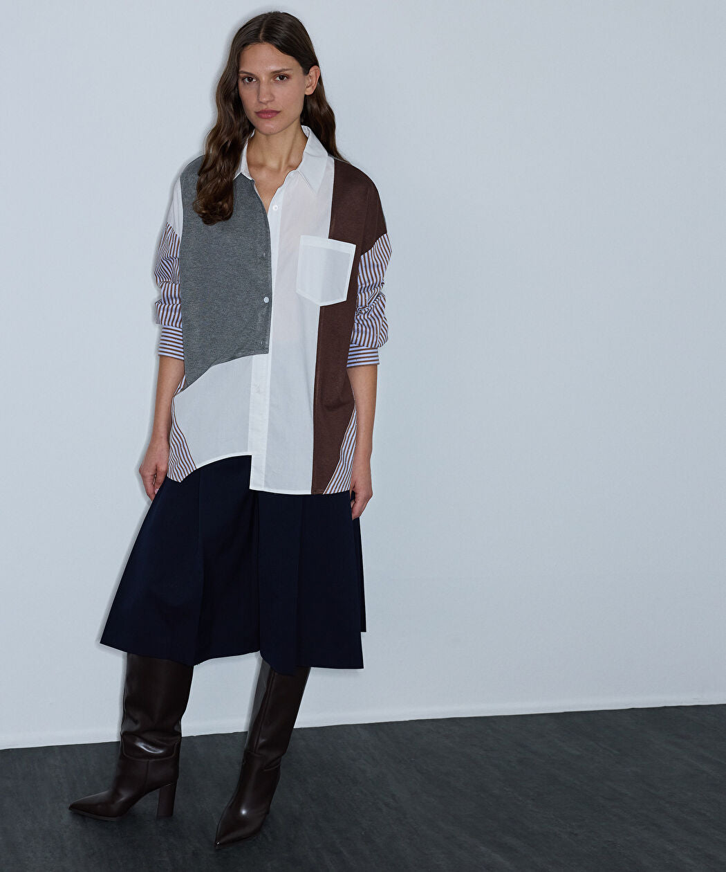 Kahverengi Kumaş Mix Oversize Gömlek Iw6260025140074 | Ipekyol