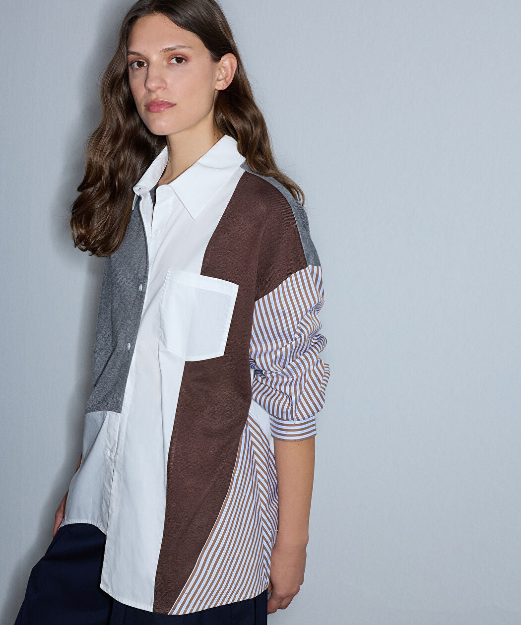 Kahverengi Kumaş Mix Oversize Gömlek Iw6260025140074 | Ipekyol