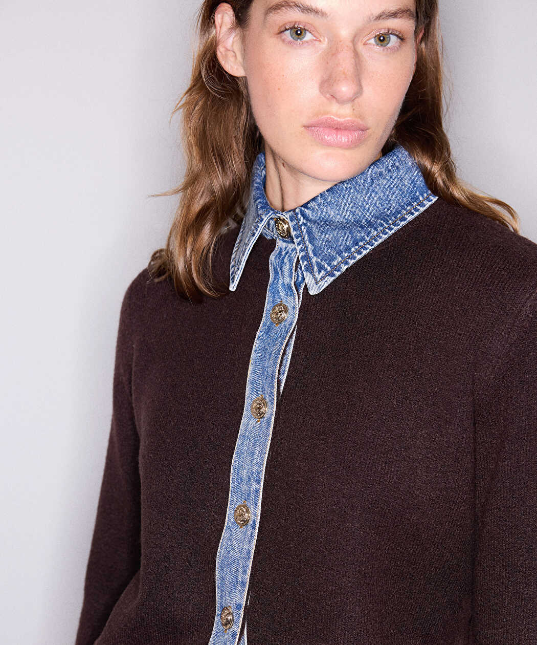 Kahverengi Çift Parça Görünüm Denim Mix Triko Iw6260050193186 | Ipekyol