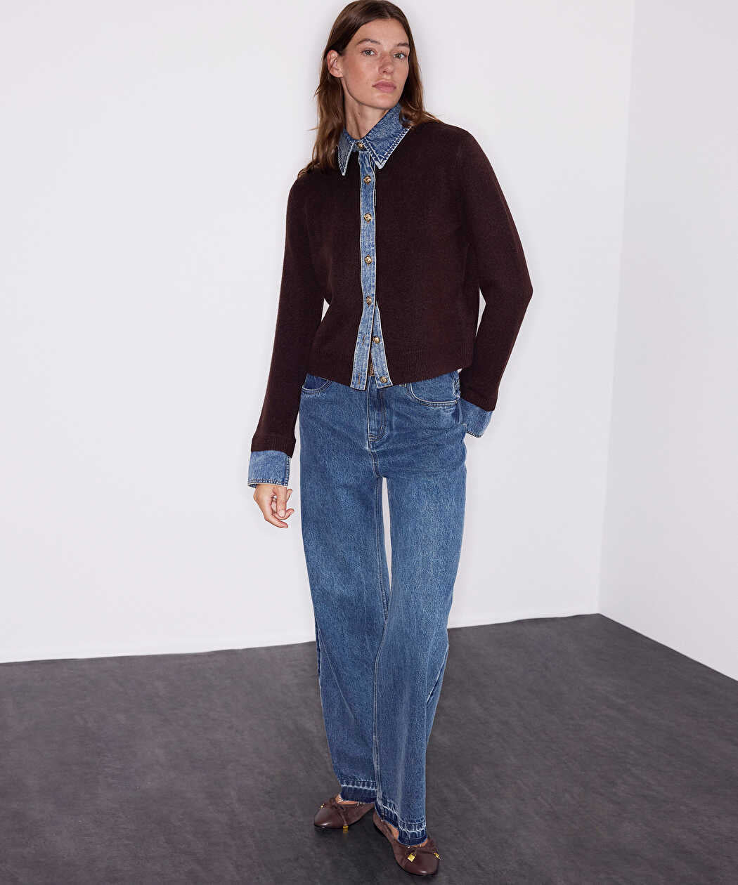 Kahverengi Çift Parça Görünüm Denim Mix Triko Iw6260050193186 | Ipekyol