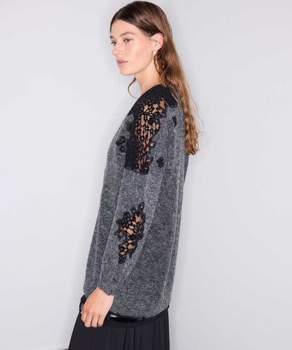 Antrasit Dantel Mix Oversize Hırka Iw6260150149036 | Ipekyol