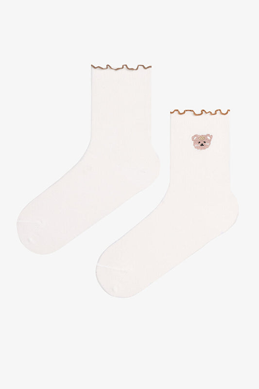 2 Çift Pamuklu Ayı Nakışlı Fırfırlı Soket Çorap