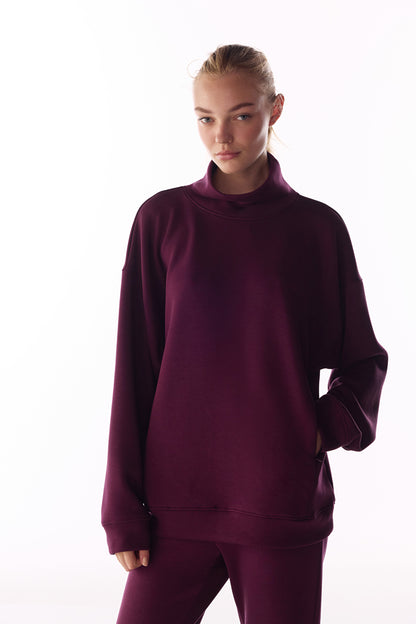 Bordo Ipeksi Dokunuş Silky Touch Rahat Yaka Sweatshirt