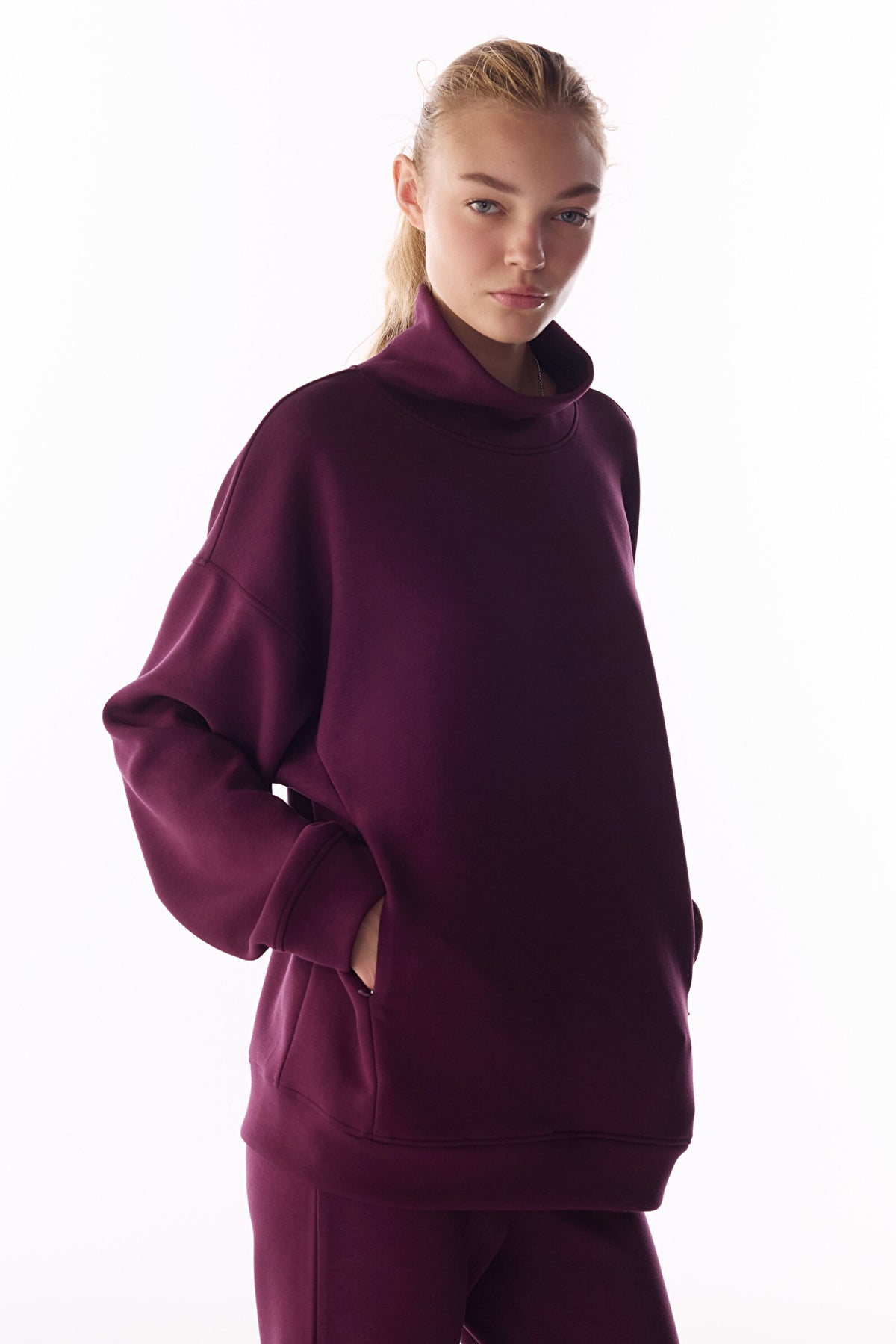 Bordo Ipeksi Dokunuş Silky Touch Rahat Yaka Sweatshirt