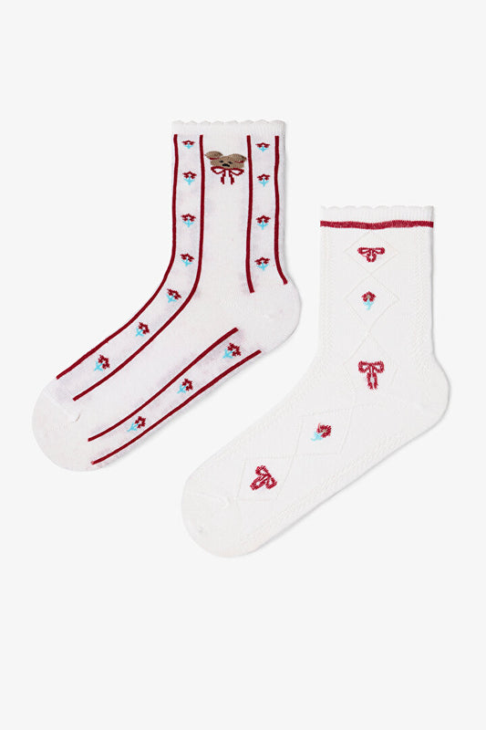2 Çift Pamuklu Ayı Desenli Fırfırlı Soket Çorap