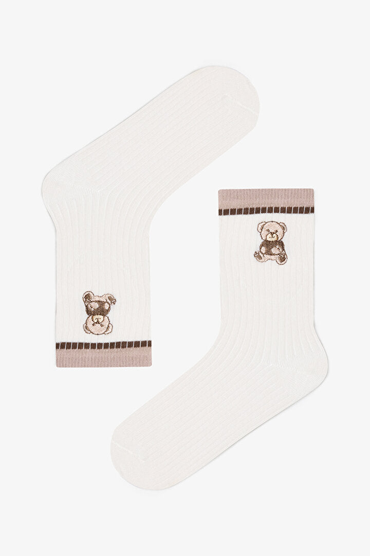 2 Çift Ayı Nakışlı Ve Çizgili Soket Çorap