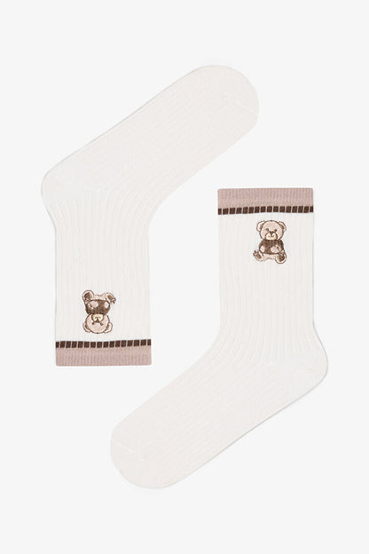 2 Çift Ayı Nakışlı Ve Çizgili Soket Çorap