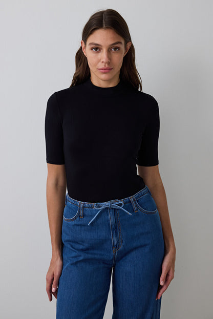Siyah Yarım Balıkçı Yaka 3/4 Kollu Slim Fit Üst Phg99jp925sk-bk3 - Siyah - Penti