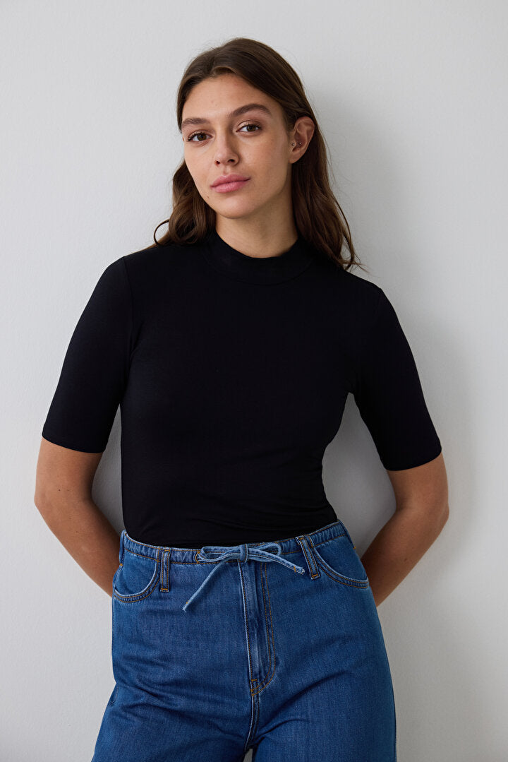 Siyah Yarım Balıkçı Yaka 3/4 Kollu Slim Fit Üst Phg99jp925sk-bk3 - Siyah - Penti