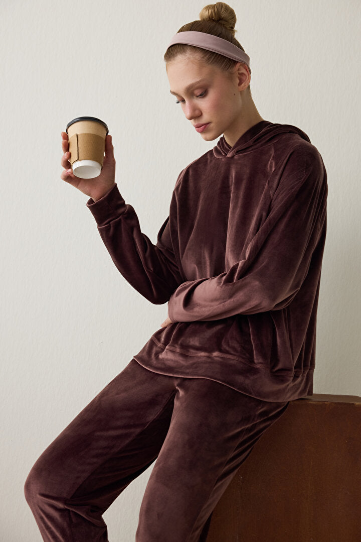 Kahverengi Yumuşak Kadife Sıcak Tutan Termal Etkili Kapüşonlu Sweatshirt