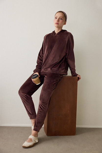 Kahverengi Yumuşak Kadife Sıcak Tutan Termal Etkili Kapüşonlu Sweatshirt