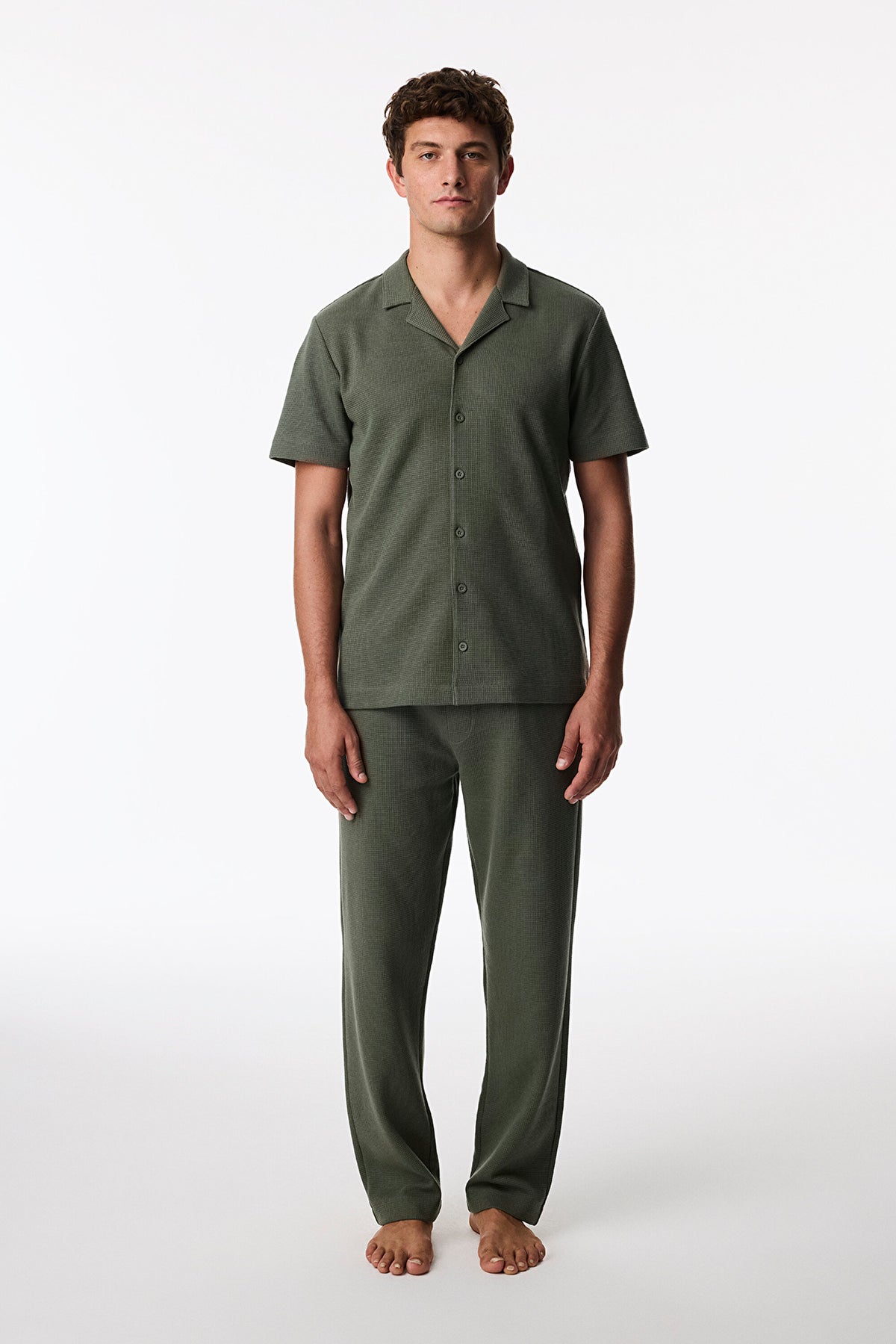 Erkek Haki Derin Yeşil Kısa Kollu Gömlek Pantolon Pijama Takımı