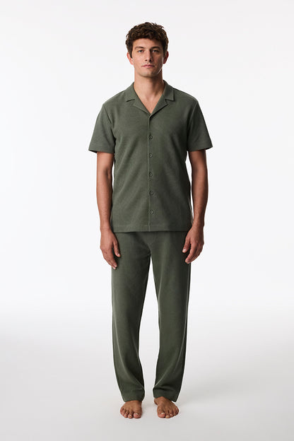 Erkek Haki Derin Yeşil Kısa Kollu Gömlek Pantolon Pijama Takımı