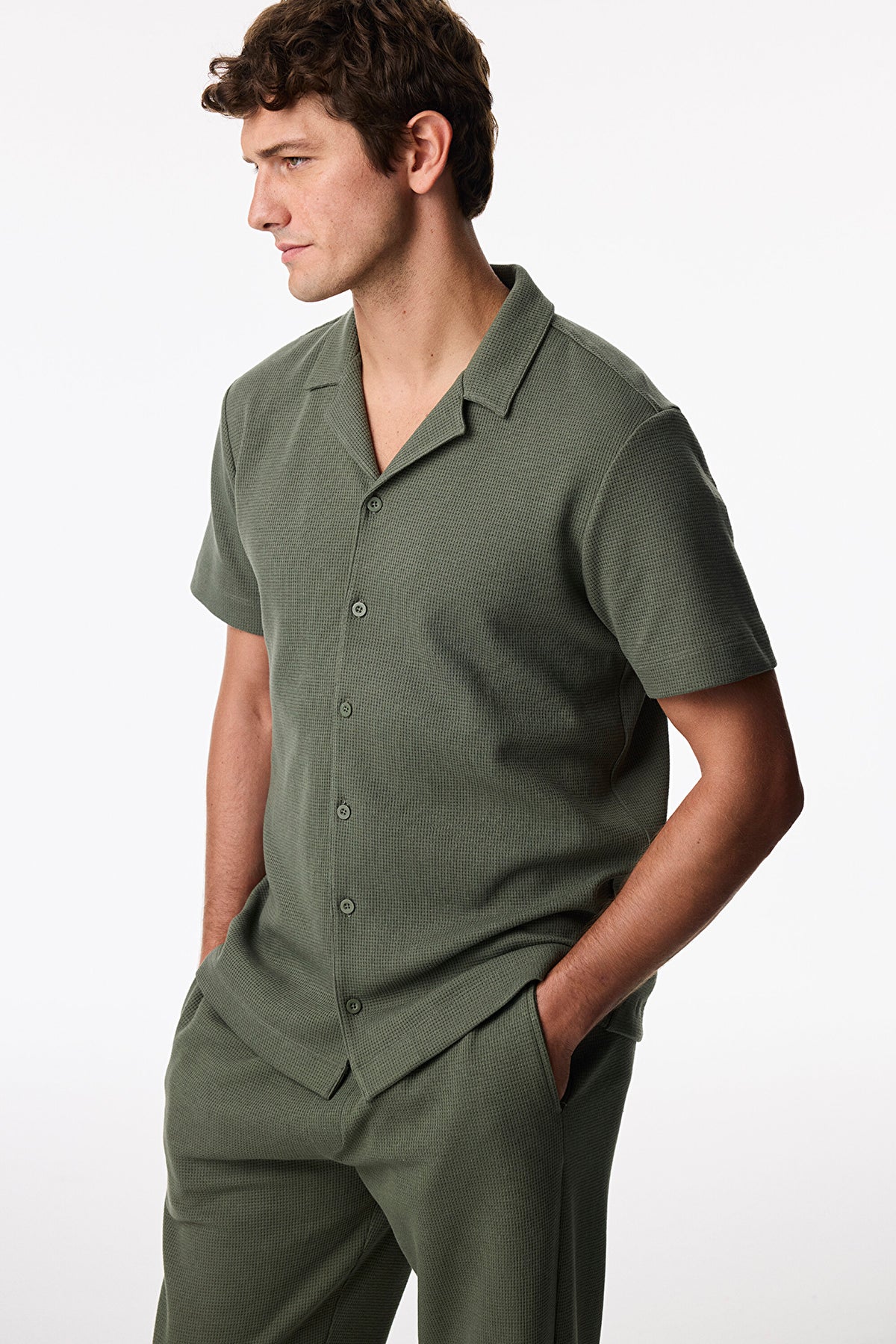 Erkek Haki Derin Yeşil Kısa Kollu Gömlek Pantolon Pijama Takımı