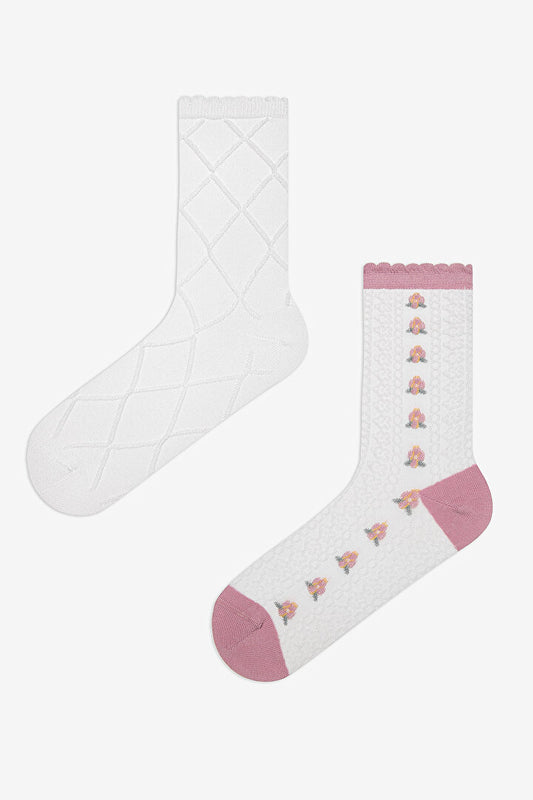 2 Çift Pamuklu Çiçek Desenli Bileği Fırfırlı Burun Dikişsiz Soket Çorap