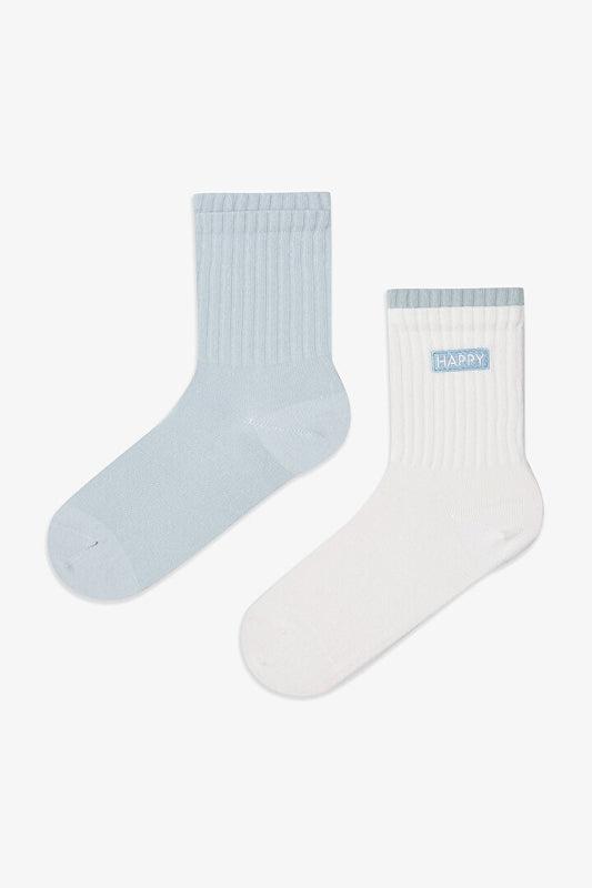 2 Çift Pamuklu Happy Dokuma Etiketli Soket Çorap Phsstw0s25sk-bmv - Beyaz - Mavi - Penti