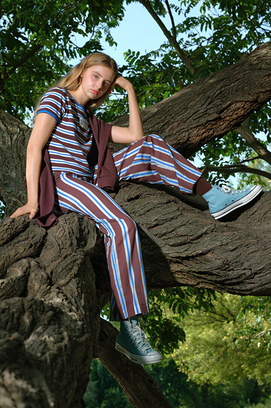 Kahverengi Bozkır Lalesi Bisiklet Yaka Pamuklu Çizgili Crop Tişört - Inspired By Flora