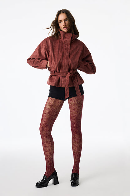 Bordo Soft Geometrik Desenli File Külotlu Çorap