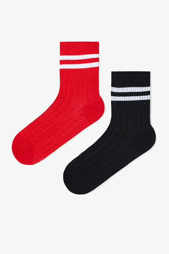2 Çift Pamuklu Kendinden Desenli Kolej Tenis Soket Çorap