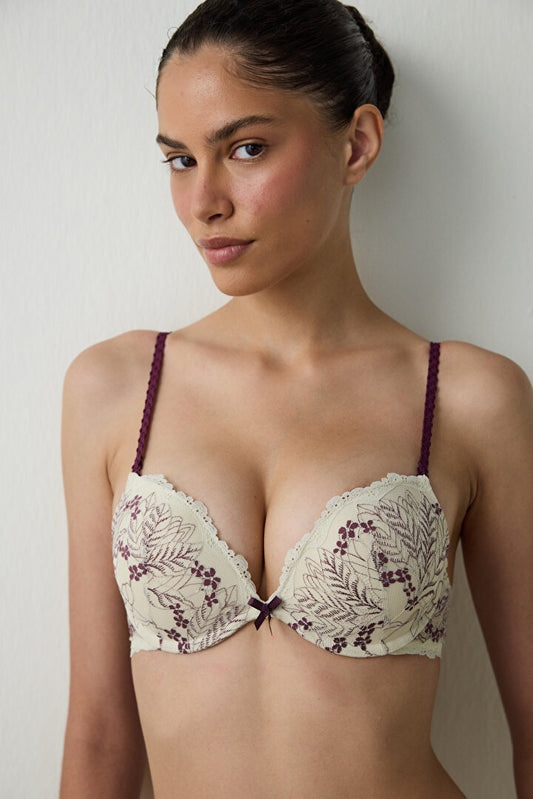 Bej Wow Çiçekli Dantelli Push Up Sütyen