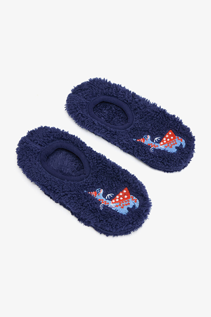 Koyu Indigo Erkek Çocuk Dinozor Desenli Nakışlı Kaymaz Tabanlı Ev Patiği