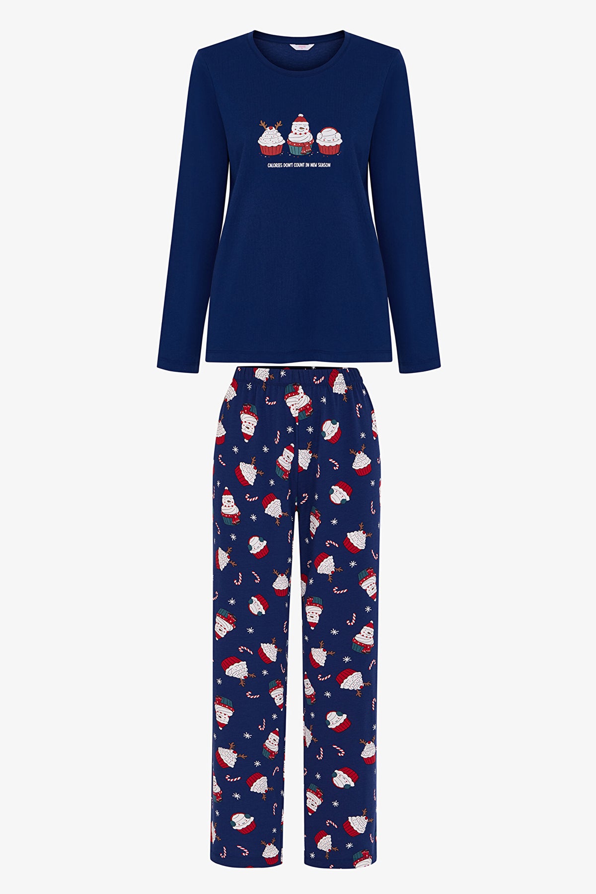 Lacivert Joyful Cupcakes Noel Desenli Uzun Kollu Pantolon Pijama Takımı