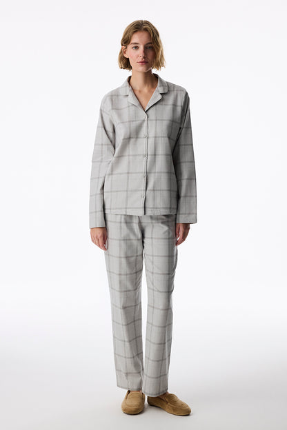Gri Margot Checked Ekoseli Uzun Kollu Gömlek Pantolon Pijama Takımı