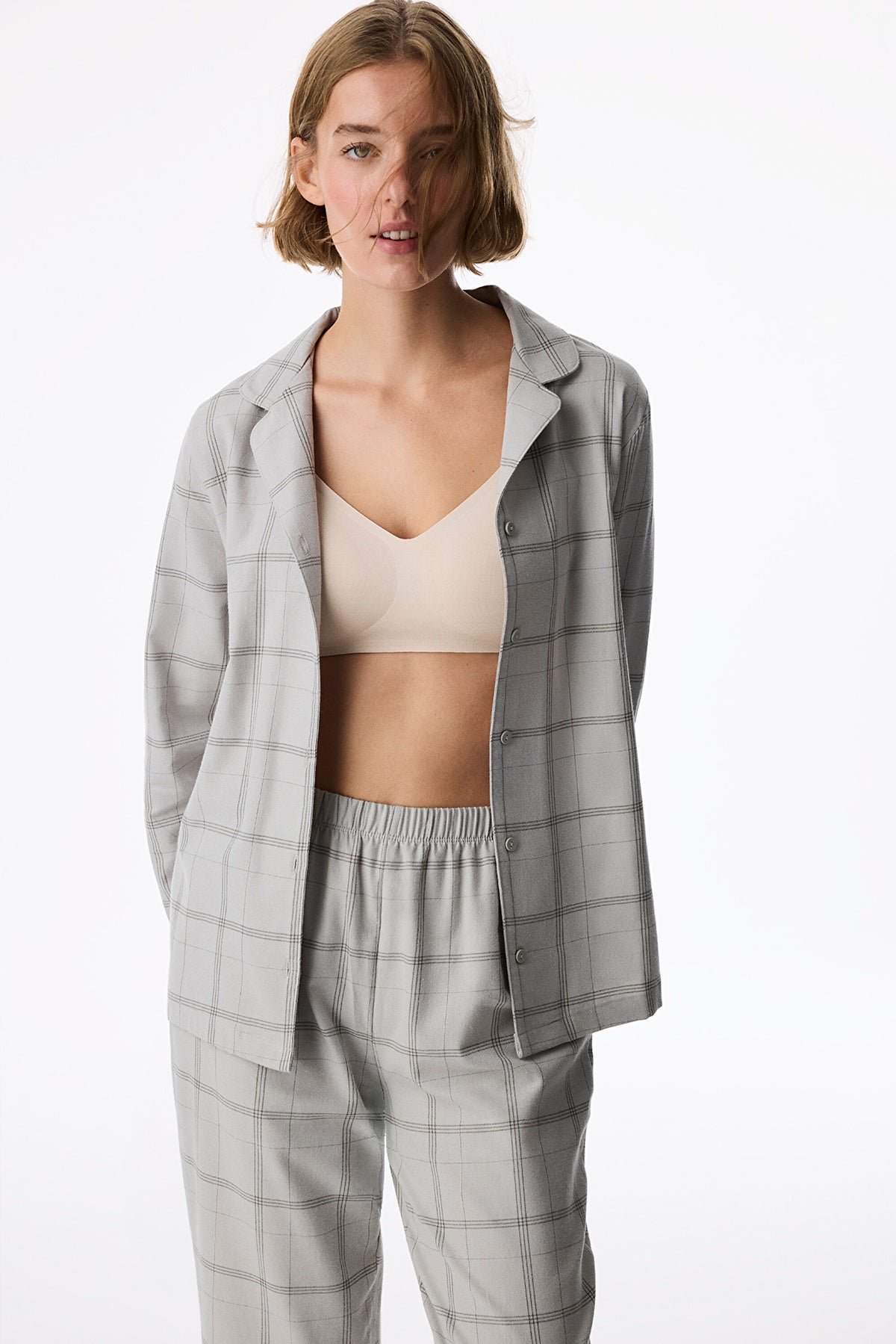 Gri Margot Checked Ekoseli Uzun Kollu Gömlek Pantolon Pijama Takımı