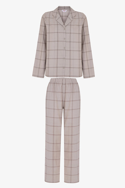 Gri Margot Checked Ekoseli Uzun Kollu Gömlek Pantolon Pijama Takımı