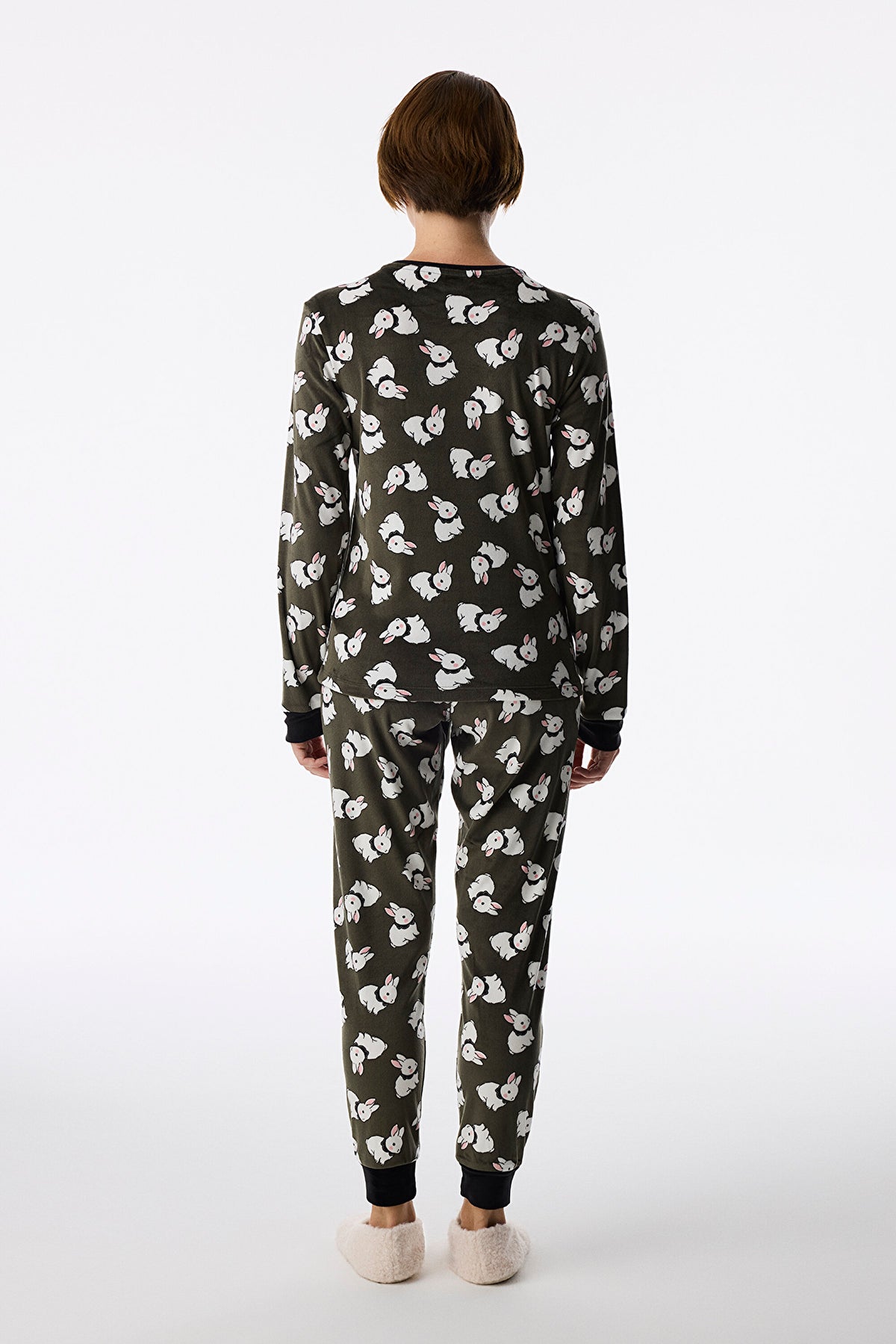 Haki Cute Bunny Fuzzy Pantolon Uzun Kollu Pijama Takımı