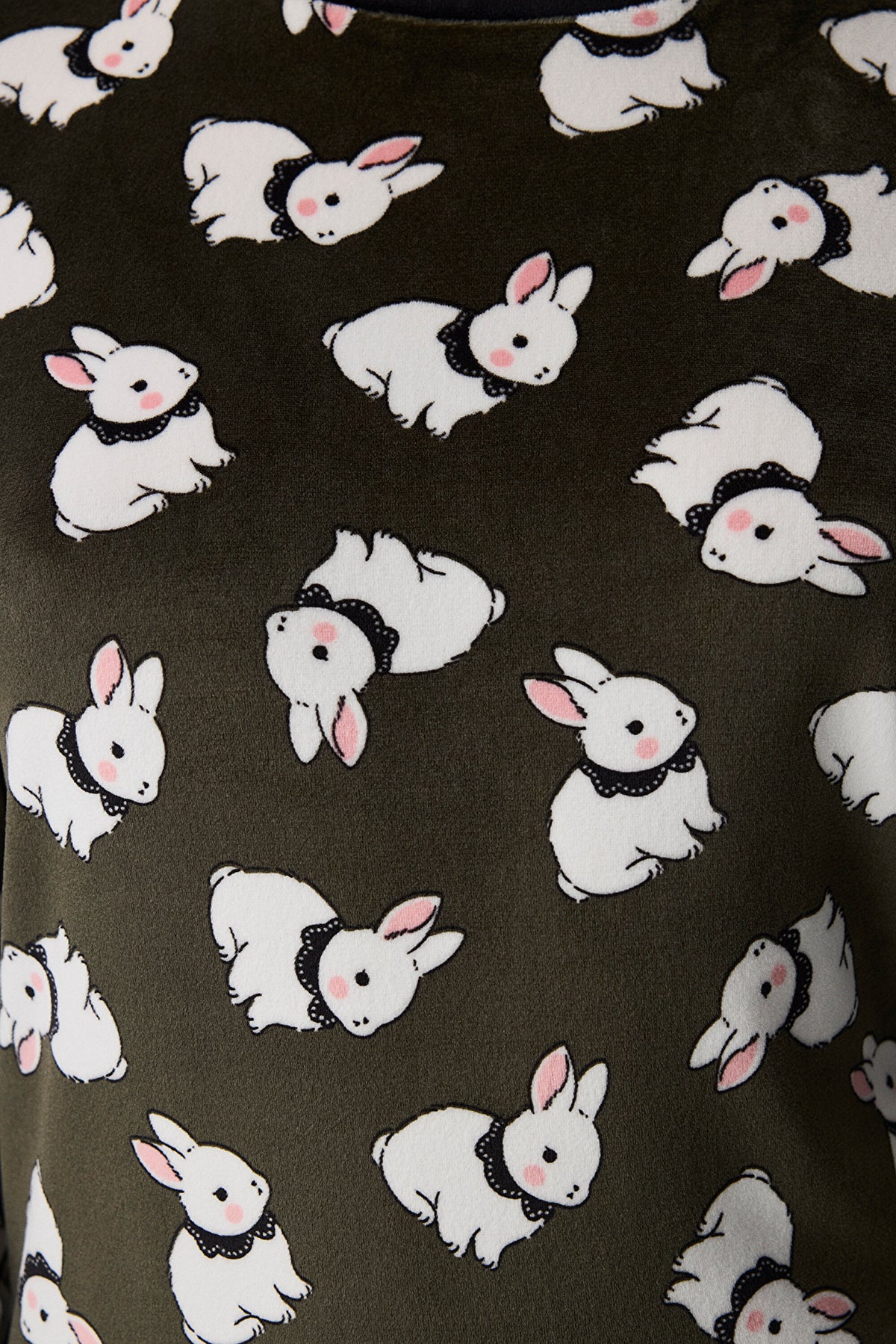Haki Cute Bunny Fuzzy Pantolon Uzun Kollu Pijama Takımı