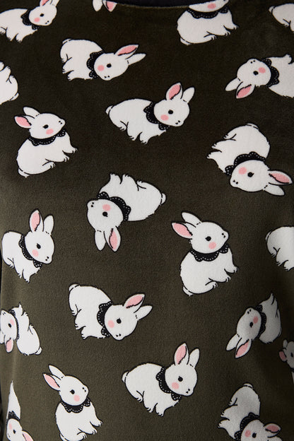 Haki Cute Bunny Fuzzy Pantolon Uzun Kollu Pijama Takımı