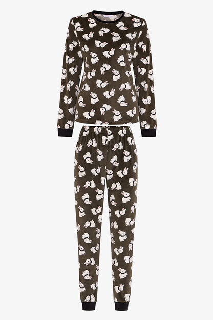 Haki Cute Bunny Fuzzy Pantolon Uzun Kollu Pijama Takımı