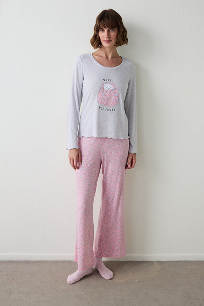 Açık Gri Melanj Not Today Baskılı U Yaka Uzun Kollu Pijama Üstü Pndkxzw825sk-agj - Açık Gri Melanj - Penti