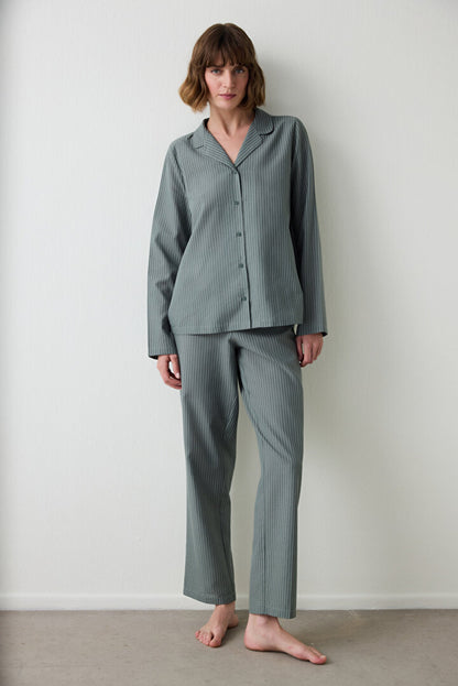 Koyu Yeşil Çizgili Gömlek Yaka Uzun Kollu Pijama Takımı Pngd9y9x25sk-dg4 - Penti