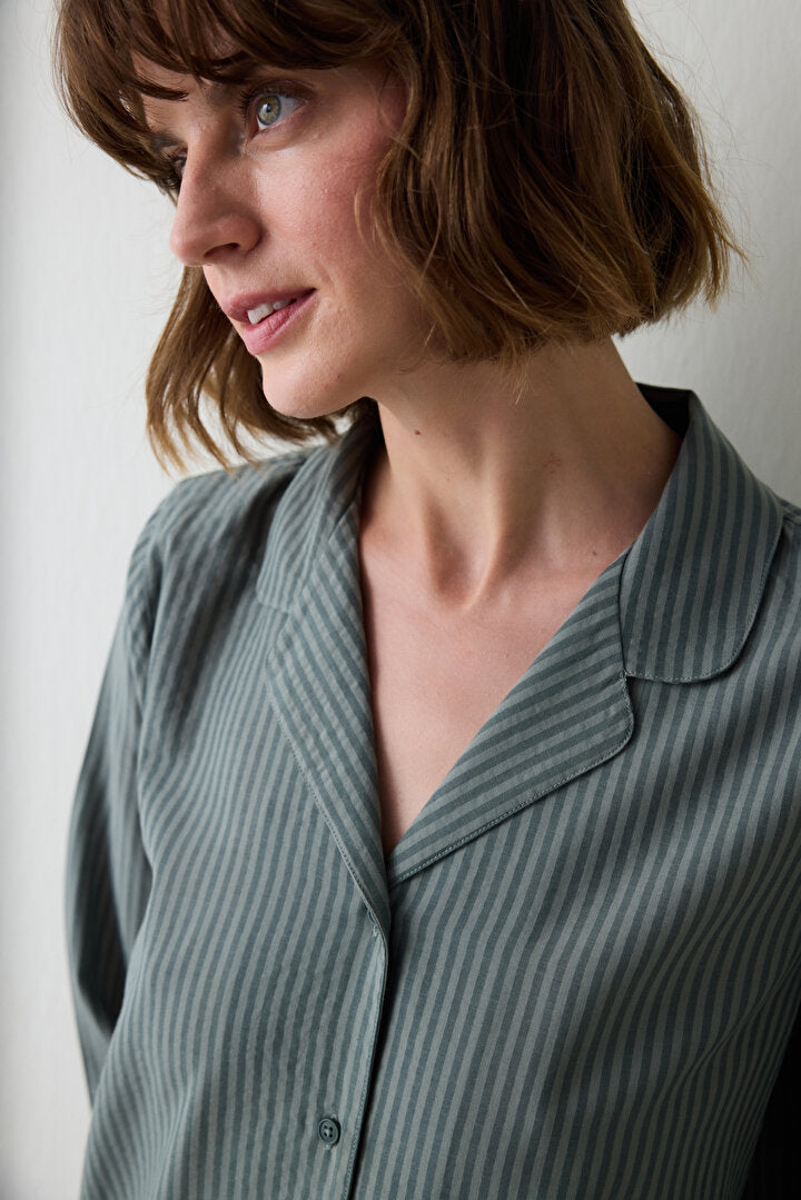 Koyu Yeşil Çizgili Gömlek Yaka Uzun Kollu Pijama Takımı Pngd9y9x25sk-dg4 - Penti