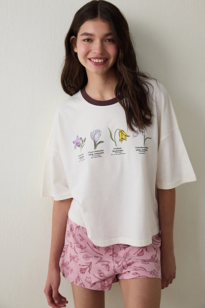 Ekru Bozkır Lalesi Çiçek Baskılı Pamuklu Bisiklet Yaka Kısa Kollu Şortlu Pijama Takımı - Inspired By Flora